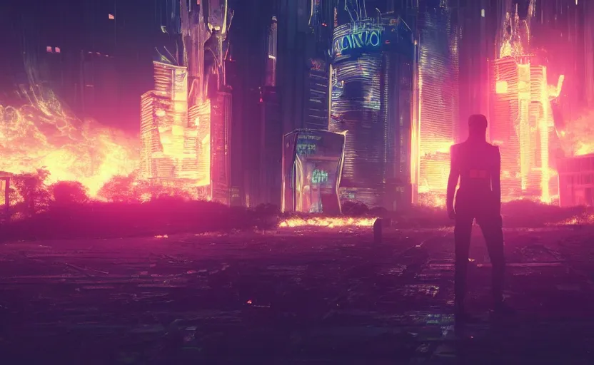 Image similar to a 3 d render of a person standing in the ruins a futuristic city with fires and plumes of smoke in the background, cyberpunk with lights and electricity and neon, bokeh, canon 5 0 mm, cinematic lighting, volumetric light, octane, octane render, redshift render