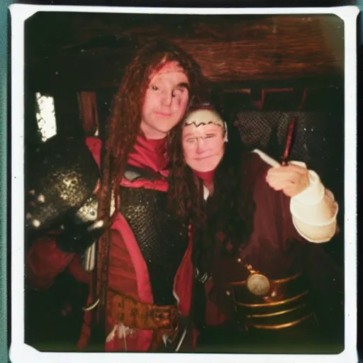 Prompt: polaroid photo from 1998 fantasy cosplay ren-fair of a fellowship at a tavern