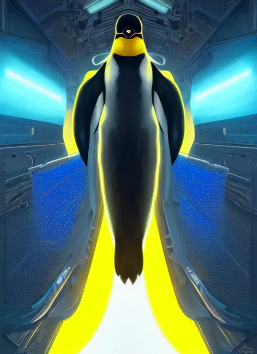 Image similar to symmetry!! portrait of penguin, sci - fi, tech wear, blue and yellow glowing lights!! intricate, elegant, highly detailed, digital painting, artstation, concept art, smooth, sharp focus, illustration, art by artgerm and greg rutkowski and alphonse mucha