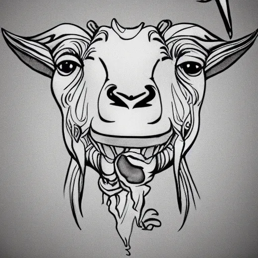 Image similar to a detailed tattoo outline of a goat !biting a churro with its teeeth!, 4k, illustration, sharp focus