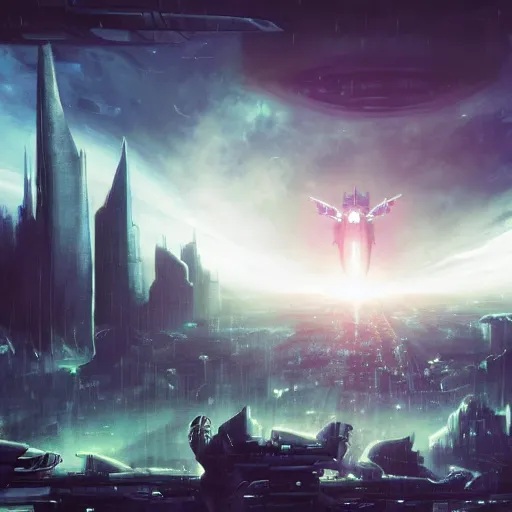 Prompt: a large alien creature standing over a city in fog. rain storm. in anime style, dark color, ultra wide angle, panoramic, fish eye, colorfull painting, centered, front, horizont, outline, stars, gundam, detailed, art by stephan martiniere, 4 k resolution