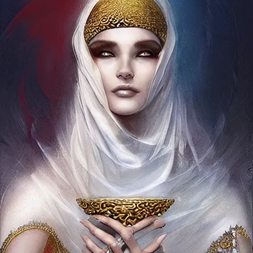 Image similar to a beautiful woman wearing a white niqab made of silk with golden jewelry and diamonds by alex gray and android jones, karol bak, ayami kojima, arabian, concept art, fantasy