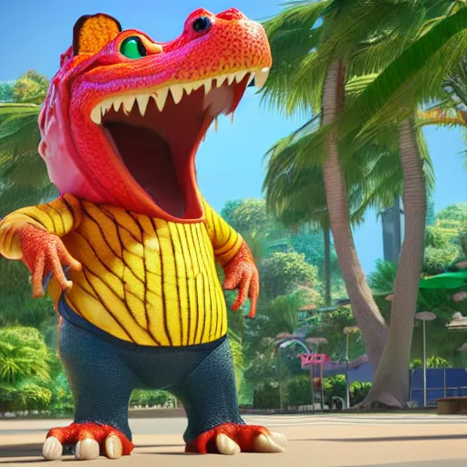 Image similar to 3 d render, anthropomorphic alligator, red scales on his back, yellow scale on his belly and chest, male, waring a hawaiian shirt, in the style of zootopia, hd, 4 k, high definition background