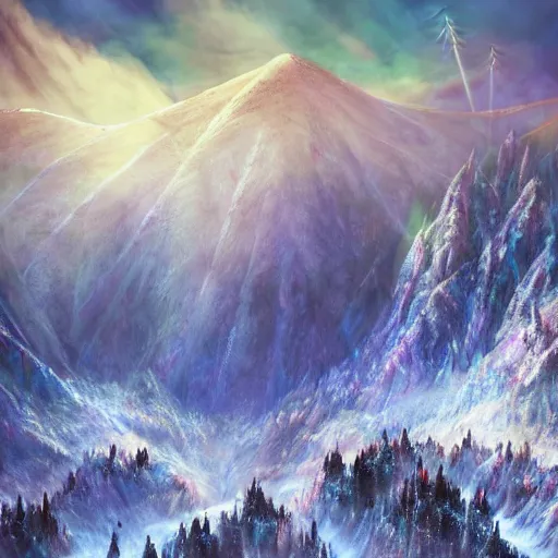 Image similar to The heaven-touching apex of the mountain drenched in brilliant light, spikes of thin light impaled the snow in a bristling, moving line, realm of whispers and mysteries, intricate, elegant, fantasy, highly detailed, digital painting, concept art, sharp focus, illustration, beautiful volumetric lighting, epic light, artstation, magic hour lighting, colorful, sunshine, by Sylvain Sarrailh, ine style of ori game