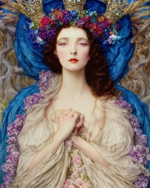 Prompt: in the style of beautiful vivien leigh, blue frilly gown and crown with flowers and gems, detailed and intricate by jean delville, gustave dore and marco mazzoni, colorful art nouveau, symbolist, visionary, gothic, pre - raphaelite