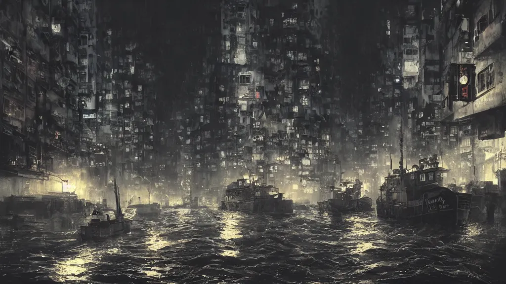 Image similar to dramatic Photorealistic, Matte Painting of a tug boat with bright head lights exploring a busy post apocalyptic deep flooded Hong Kong city street at night,dark Tall buildings by Greg Rutkowski,Craig Mullins,Hyperrealism,Beautiful dramatic moody lighting,Cinematic Atmosphere,Octane Rendering,8K