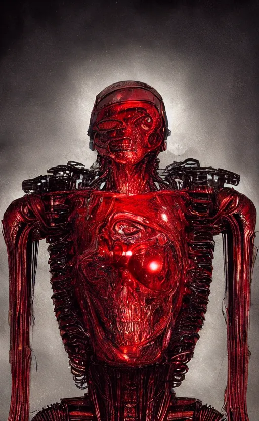 Image similar to full body portrait of chrome terminator, glowing red eyes, by wayne barlow, stanley donwood, anton semenov, zdzislaw bekinski, hr giger, 8 k, fantasy, dark, highly detailed