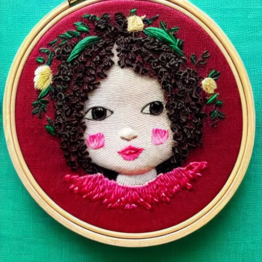 Image similar to a tiny beautiful handmade embroidery of a little girl with brown curly hair. hand embroidery.