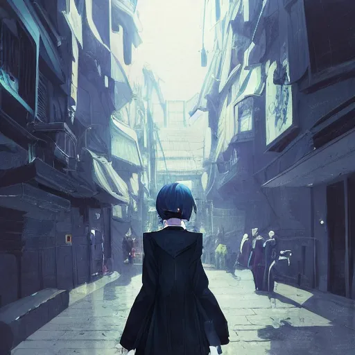Image similar to low - angle shot from behind of a girl with light blue straight hair in a blue tailcoat, combat boots, noir, sharp focus, intricate, illustration, cell shaded, digital painting, highly detailed, art by greg rutkowski, studio quality, makoto shinkai, james jean