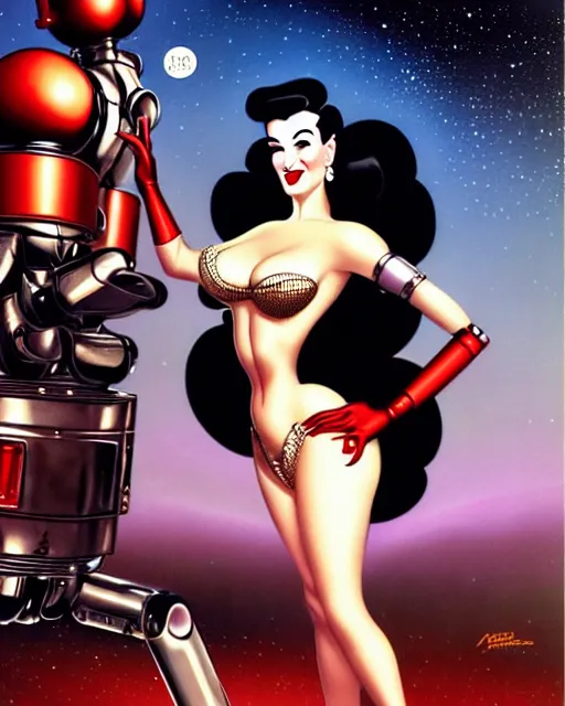 Image similar to closeup beautiful retro space dita von teese posing with a chrome robot in diesel punk city at night, pinup, windblown dark hair, seductive, hyper detailed, digital art, smooth, sharp focus, gil elvgren, luis royo, alberto vargas, 1 9 5 0, when mars attacks