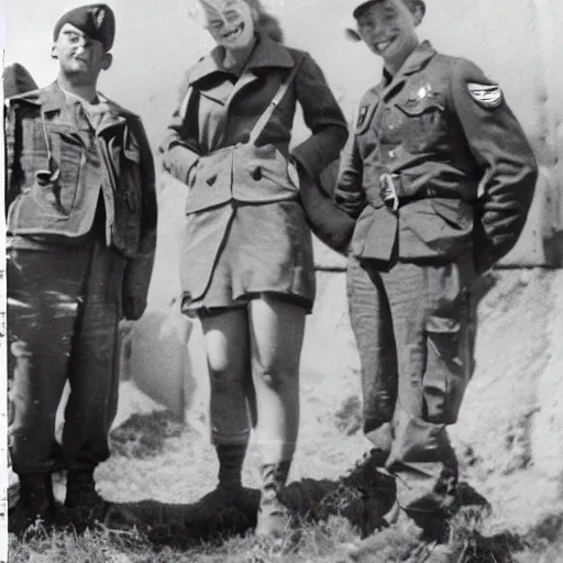 Image similar to a very cute anime girl with american soldiers during ww2