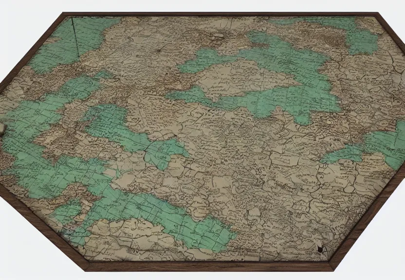 Image similar to “ king’s medieval war tactic table with a map on it, unfinished borders, 4k, 3D, view from the side”