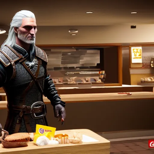 Prompt: geralt working in mcdonalds, movie still, dslr