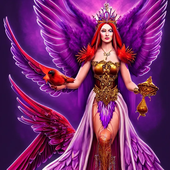 Image similar to Princess sorceress with red flaming bird wings on her back and sitting on an ornate throne dressed in a fancy purple dress, beautiful realistic symmetrical defined face, anatomically correct, Fantasy, Full Portrait, High detail, realistic, planeswalker