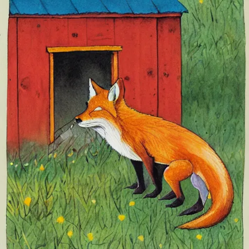 Image similar to a smug red fox in front of a hen house, watercolor illustration by Louis William Wain,