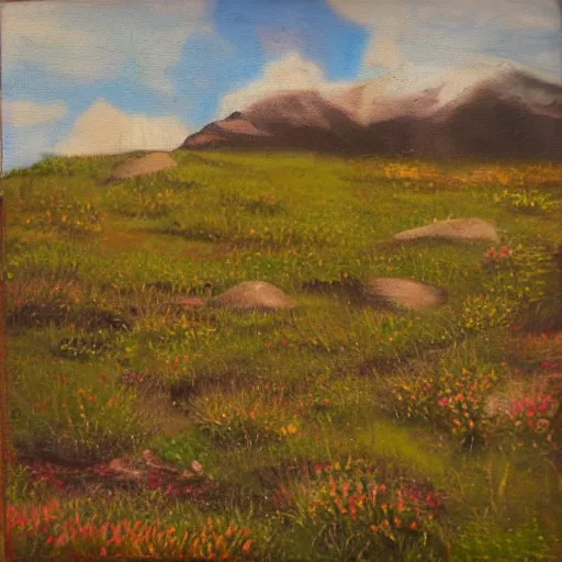 Image similar to cozy meadow at the base of a mountain. Oil on vellum.