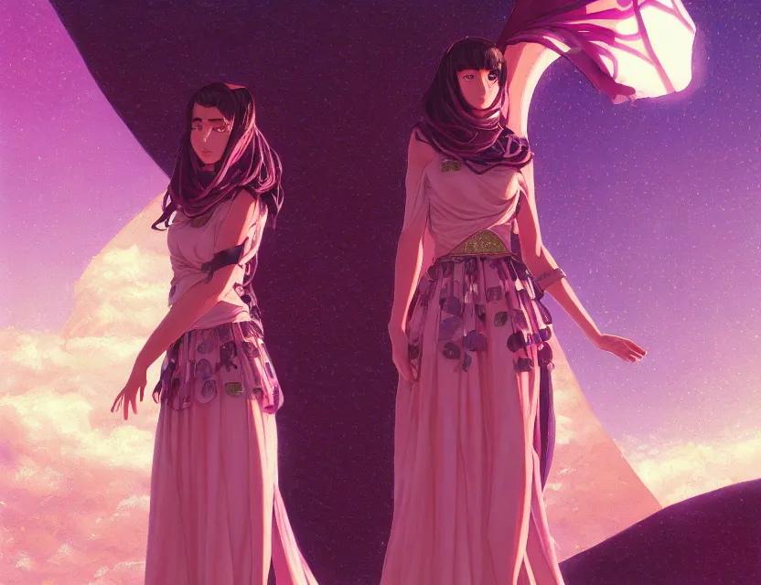 Prompt: middle eastern scifi princess at the rose springs, wearing a lovely dress with vaporwave details. this oil painting by the award - winning mangaka has an interesting color scheme and impeccable lighting.