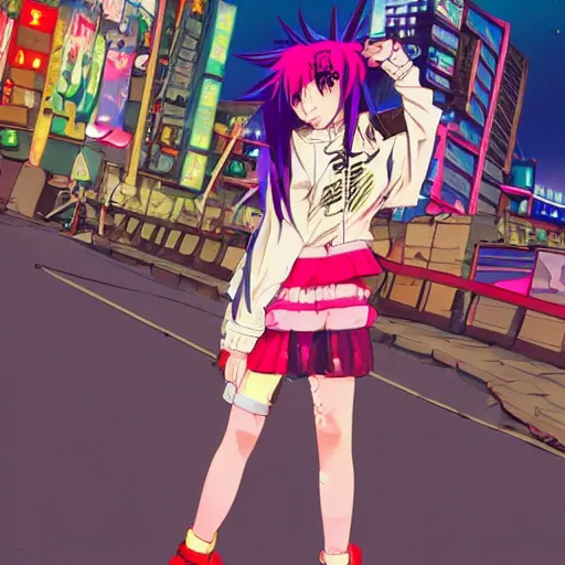 Image similar to anime girl with eccentric clothes, long spiky pink hair, cel - shading, 2 0 0 1 anime, flcl, jet set radio future, night time, entertainment district, japanese city at night, colorful buildings, lines of lights, christmas lights, rollerskaters, cel - shaded, jsrf, strong shadows, vivid hues, y 2 k aesthetic