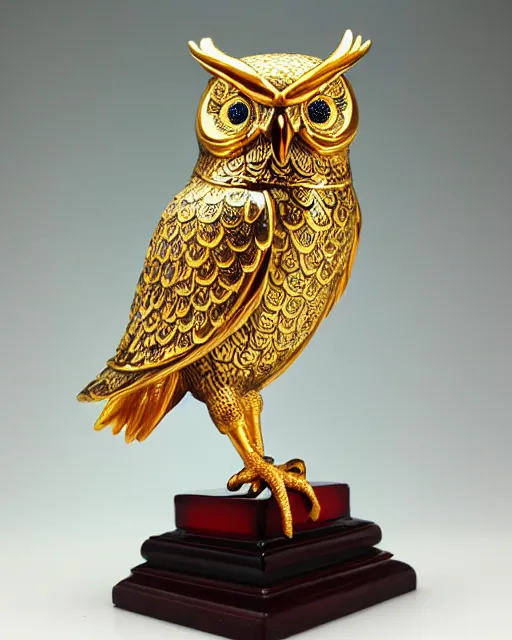 Image similar to gorgeous ornated snow white porcelain realistic detailed sacred owl statue with golden filigree carved out of ivory