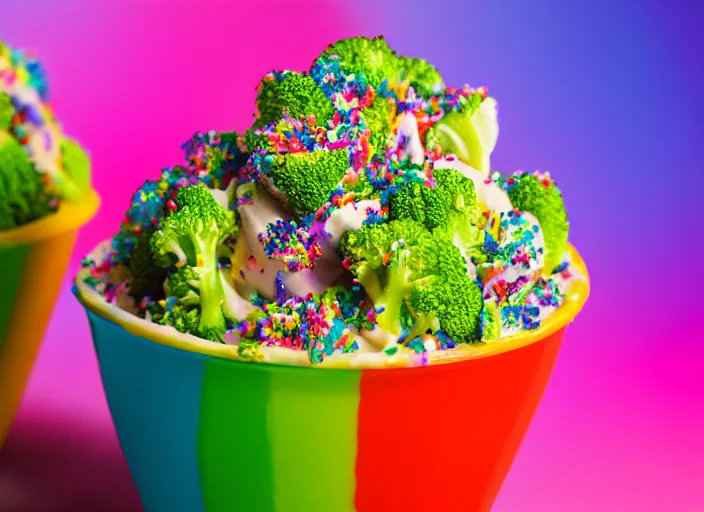 Image similar to food photo still of soft serve swirled frozen yogurt topped with broccoli and rainbow sprinkles, 8 5 mm f 1. 8 studio lighting