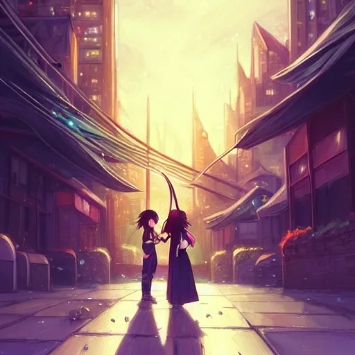 Image similar to a beautiful girl with long dark hair, sword fighting her brother, night, city background, sharp focus, intricate, digital painting, artstation, official media, anime key visual, highly detailed, rich vivid colors, ambient lighting, illustration, art by Artgerm, Makoto Shinkai, Ilya Kuvshinov, Lois Van Baarle, and Rossdraws