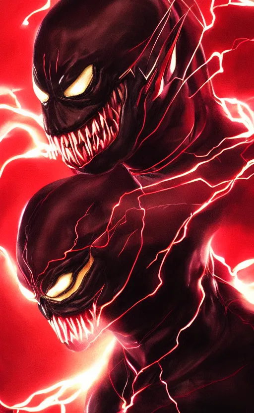 Image similar to portrait of venom as the flash, black and red, dynamic lighting, cinematic, ultra detailed, trending on art station, stunning visuals, creative, fantasy concept art