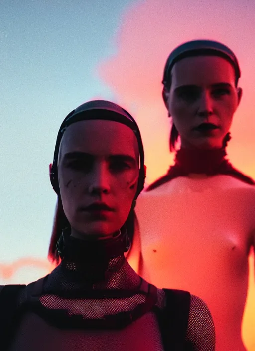 Prompt: cinestill 5 0 d photographic portrait of two scandalous loving female androids wearing rugged black mesh techwear on a desolate plain with a red sky, extreme closeup, cyberpunk style, garters, dust storm, 8 k, hd, high resolution, 3 5 mm, f / 3 2, ultra realistic faces, ex machina