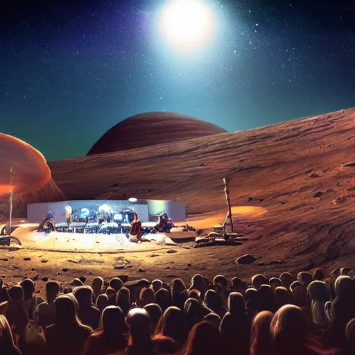 Prompt: heavy metal band playing rock show in an amphitheater on mars, mars space bar, mars colony rock show, neon lights, futuristic, science fiction, space opera