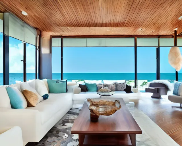 Image similar to A modern living room in a ocean hues style next to a big terrace overlooking the ocean, luxurious wooden coffee table in the center, inspired by the ocean, calm, relaxed style, harmony, wide angle shot, 8k resolution
