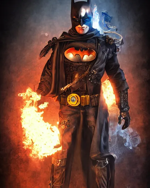 Image similar to steampunk batman with fire and ice magic coming out from his hands in a dystopian environment, full body view, highly detailed, amazing digital art, artstation, sharp focus