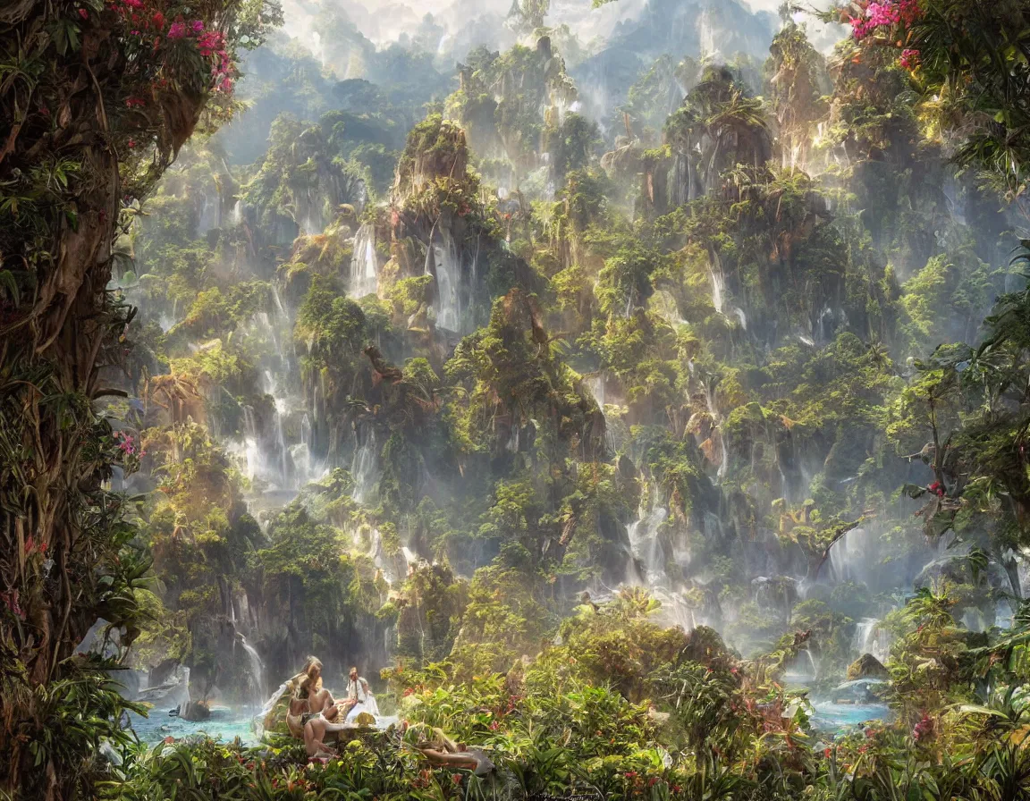 Prompt: ultra realistic illustration of magical shangri - la island, in the land of eden, hd, hdr, cinematic 8 k, ultra detailed, high resolution, smooth, sharp focus, illustration, art by artgerm and greg rutkowski and alphonse mucha