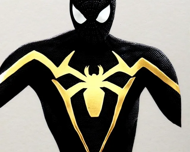 Image similar to photorealistic sketch of black spider - man with gold webbing