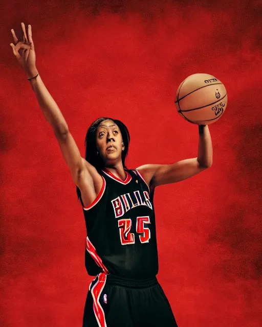 Image similar to candace parker in bulls jersey, high contrast, cinematic film still