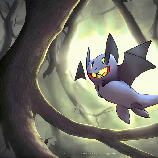 Prompt: a pokemon that looks like bat, bat hanging upside down in a tree, glowing like a light bulb, digital art. unreal engine.