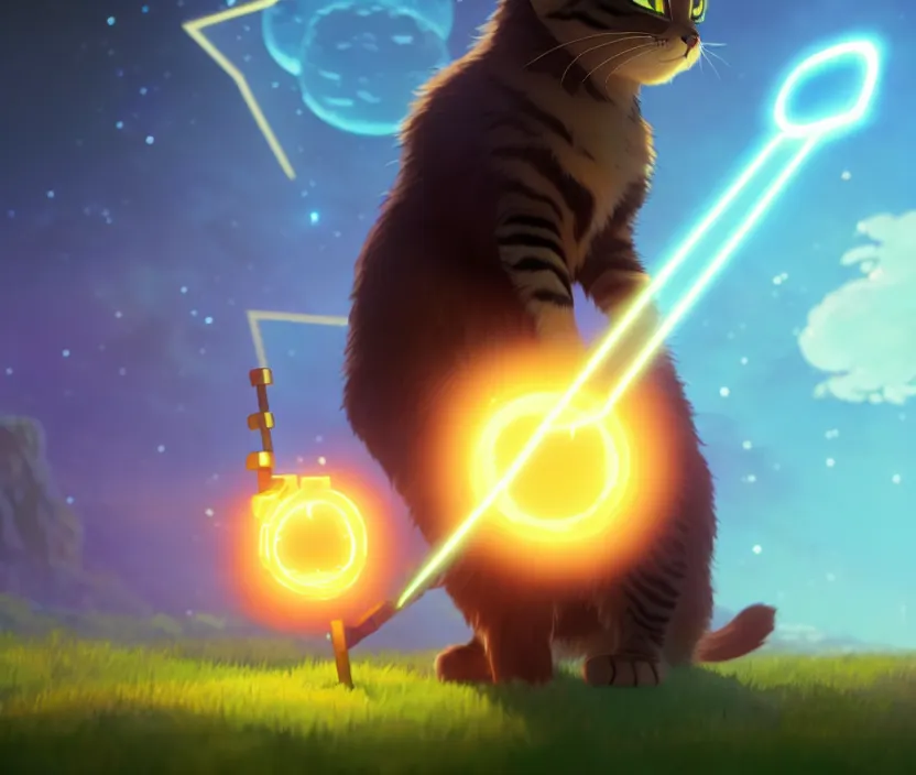 Prompt: a wholesome key shot of a cute cat holding a glowing tesseract, an alien space ship up in the sky at the background, low shot angle, studio ghibli, pixar and disney animation, sharp, rendered in unreal engine 5, anime key art by greg rutkowski and nixeu, full bloom, vibrant lighting