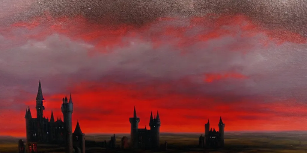 Prompt: a beautiful and gothic castle in the distance. Red sky. Dark ambient. Gothicpunk. Detailed oil on canvas. Art in style of Frances Ann Hopkins. High definition