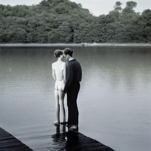 Image similar to A beautiful photograph of a man and a woman are standing on a dock, looking out at a body of water. The woman has her hand on the man's shoulder, and they appear to be deep in conversation. The colors in the photograph are muted, and the scene has a calming feeling. quartz by Ludwig Mies van der Rohe detailed, lines