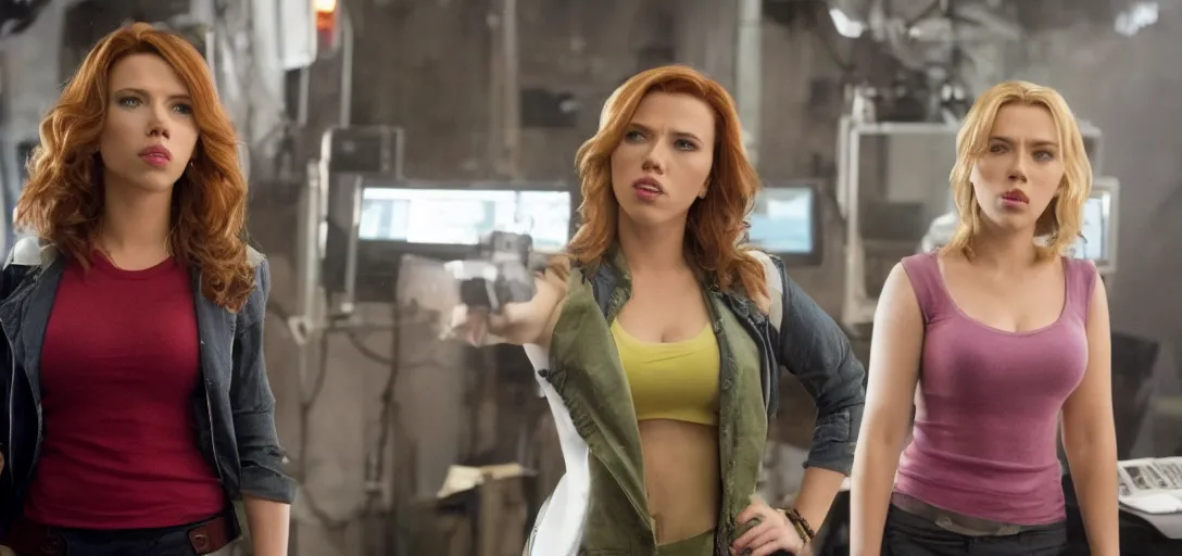 Image similar to scarlett johansson playing reporter april o'neil in the remake of teenage mutant ninja turtles, movie still, 8 k, # nostalgia