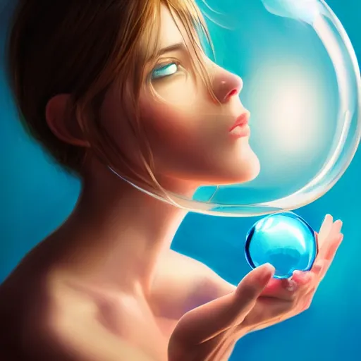 Image similar to cinematic portrait of cute Mew holding onto large blue bubble, oil on canvas, masterpiece, trending on artstation, featured on pixiv, cinematic composition, dramatic pose, beautiful lighting, sharp, details, hyper-detailed, HD, HDR, 4K, 8K