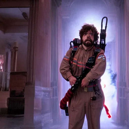 Image similar to stunning awe inspiring peter dinklage as a ghostbuster in the movie ghostbusters, movie still 8 k hdr atmospheric lighting