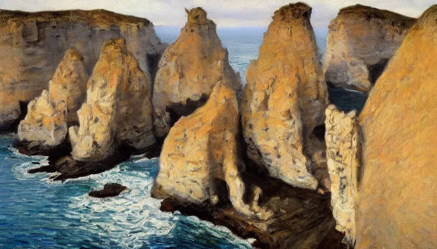 Image similar to painting by borremans, etretat rocks on autumn, detailed, stunning