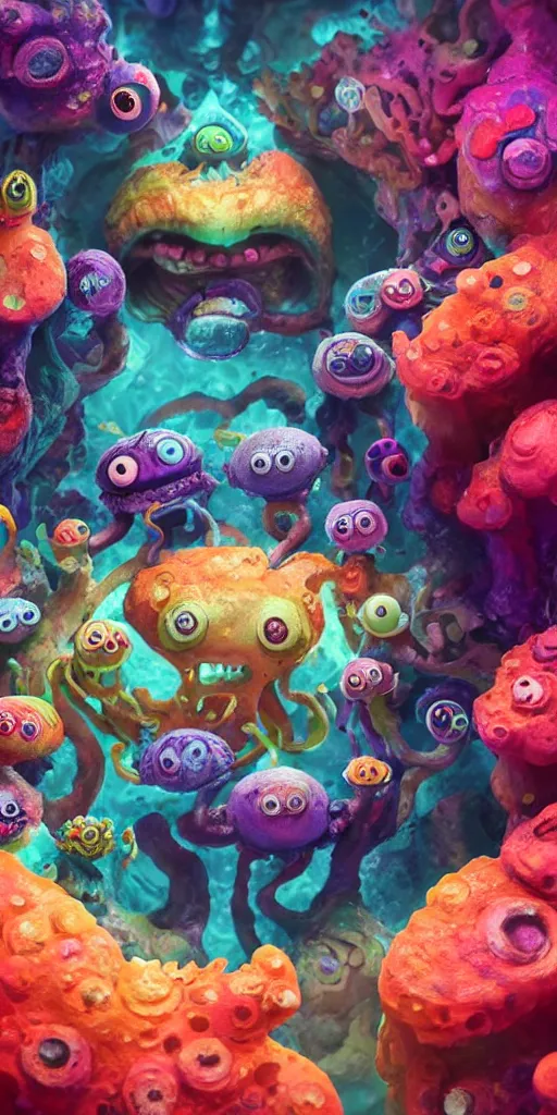 Image similar to of a colorful deep sea cave with strange cute friendly happy creatures with huge eyes, mouth, long tongue and round teeth appearing from sandy coral, in the style of gehry and gaudi, macro lens, shallow depth of field, ultra detailed, digital painting, trending artstation, concept art, illustration, cinematic lighting, photorealism, epic, octane render