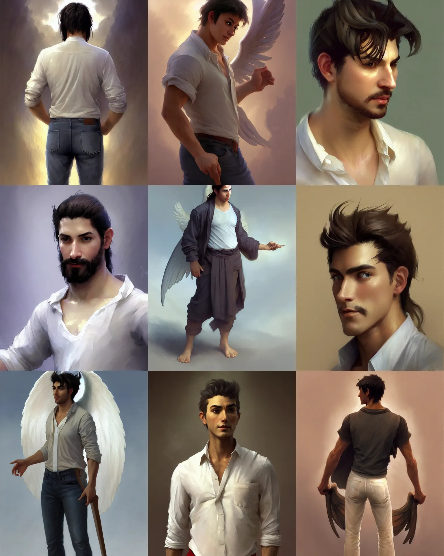 Prompt: character concept art of a handsome male angel, Middle-Western ethnicity. Clean-shaven, hair in a ponytail. Shirt, jeans and barefoot. Distant full-body view. Digital painting, concept art, smooth, sharp focus, illustration, by Ruan Jia and Mandy Jurgens and Artgerm and William-Adolphe Bouguereau