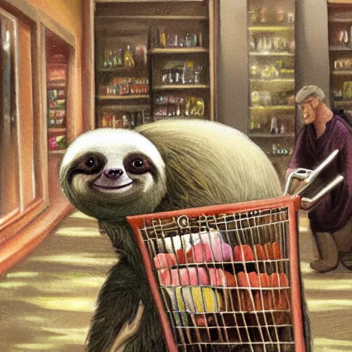 Image similar to a fantasy artwork of a sloth shopping for groceries