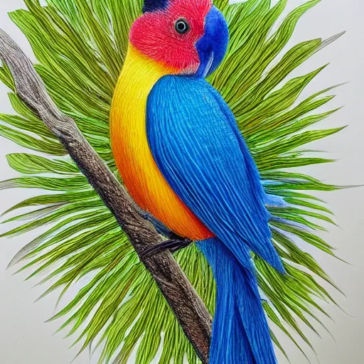 Image similar to Colored pencil art on paper, Tropical Bird, highly detailed, artstation, MasterPiece, Award-Winning, Caran d'Ache Luminance