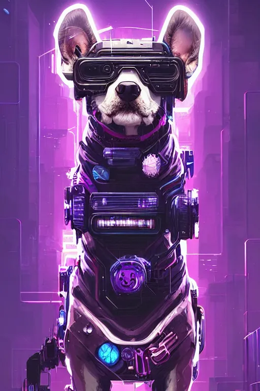 Image similar to a beautiful portrait of a cute cyberpunk dog by sandra chevrier and greg rutkowski and wlop, purple blue color scheme, high key lighting, volumetric light, digital art, highly detailed, fine detail, intricate, ornate, complex, octane render, unreal engine, photorealistic