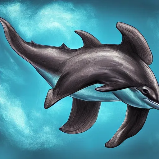 Image similar to hybrid of a dolphin and black western dragon, digital art