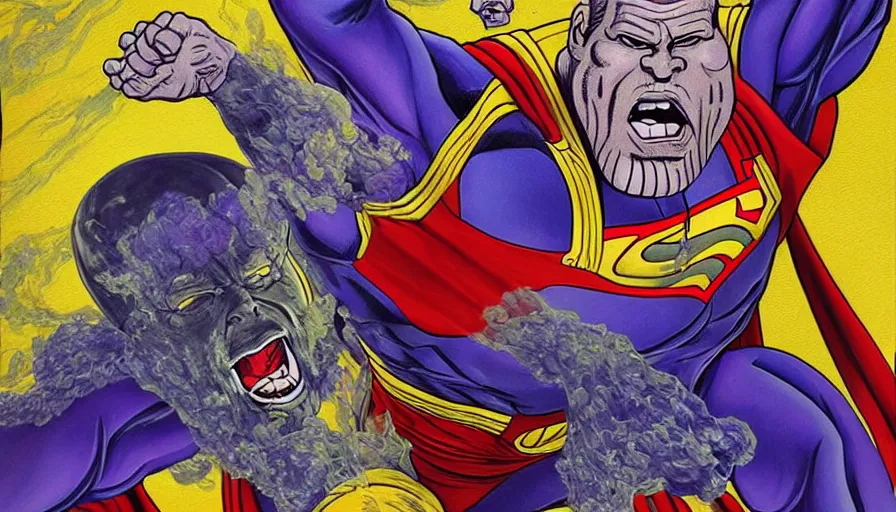 Image similar to beautiful lifelike painting of thanos as superman hunting seamonkeys, hyperreal detailed facial features and uv lighting, retro pixel bitmap art by ed roth and basil wolverton