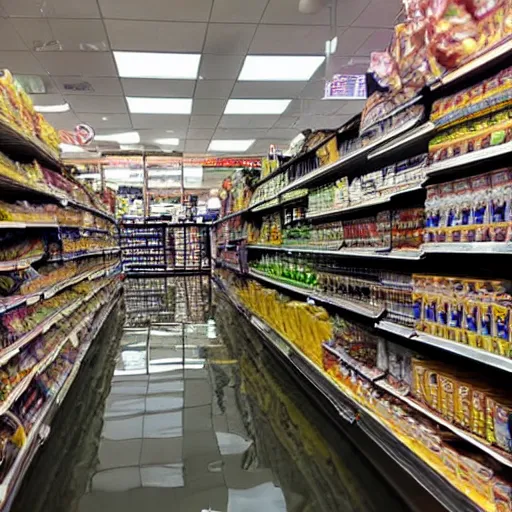 Prompt: photo of a grocery store interior, the floor is flooded with two meters deep water. eerie, volumetric lighting.