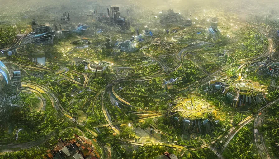 Prompt: Huge ecological city built in the heart of the green mountains in the evening, hyperdetailed, artstation, cgsociety, 8k